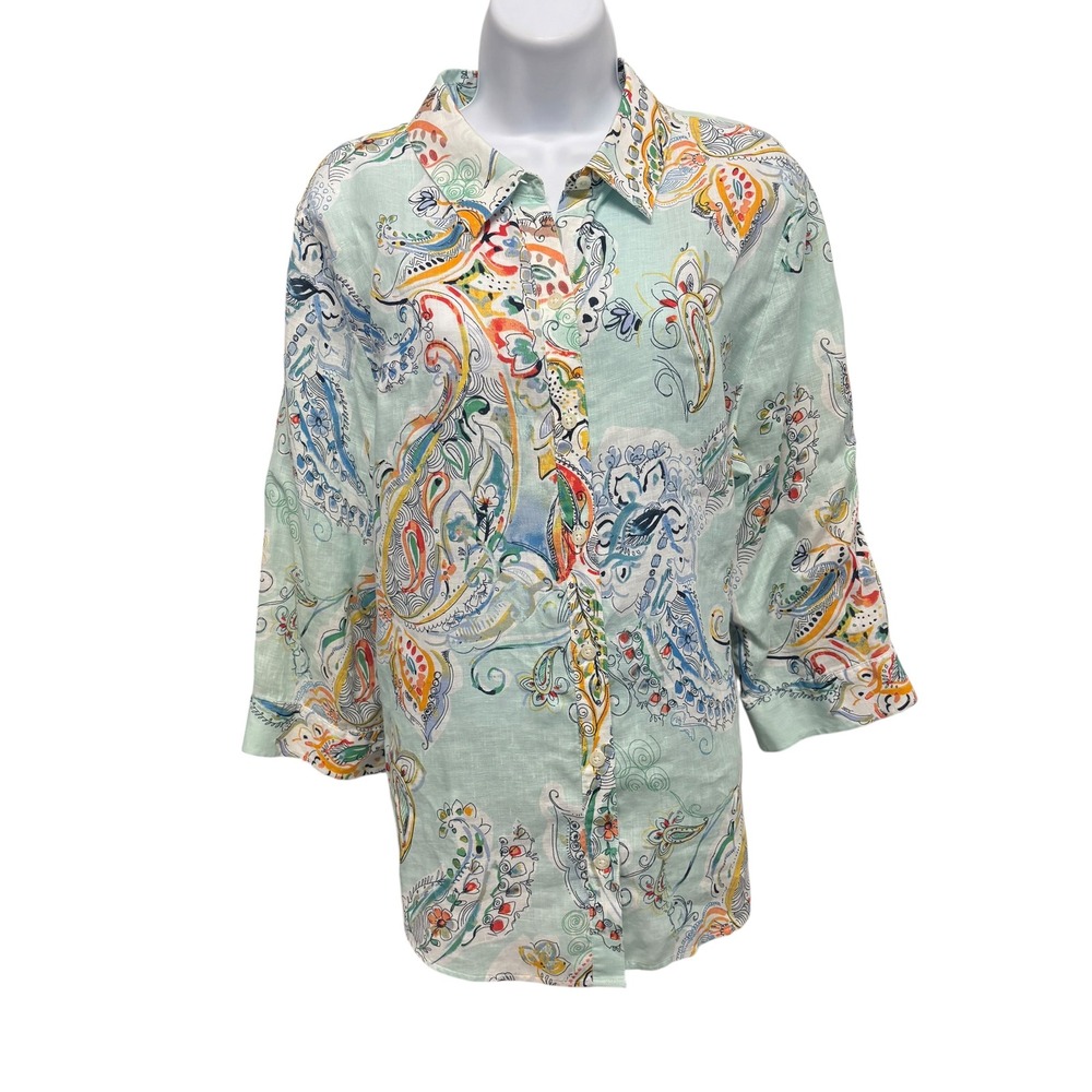 Chicos No-Iron 100% Linen Paisley Button Down Shirt 3/4 Sleeve Multi Color Sz 3